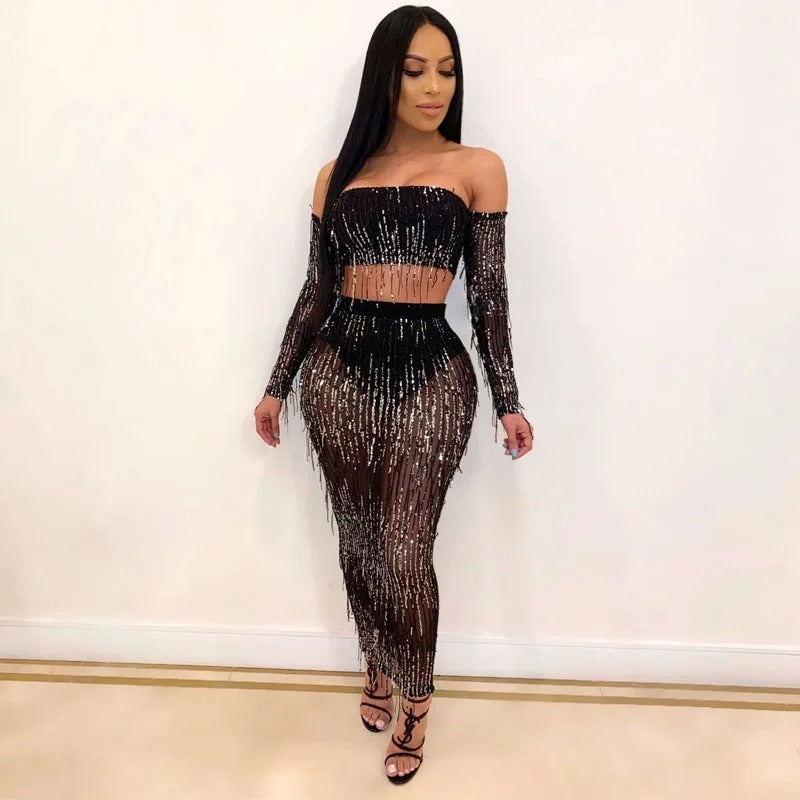 Mesh Sequins Tassel Two-piece Set