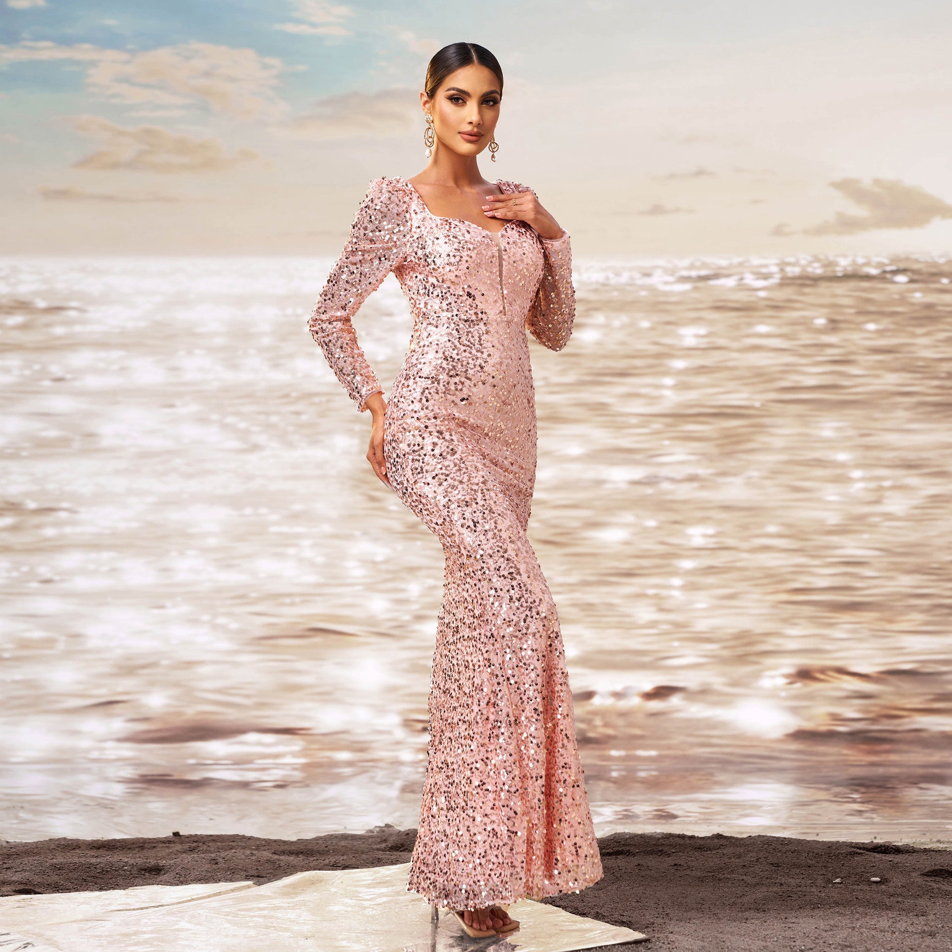 Sequined Sheath Fishtail Evening Dress