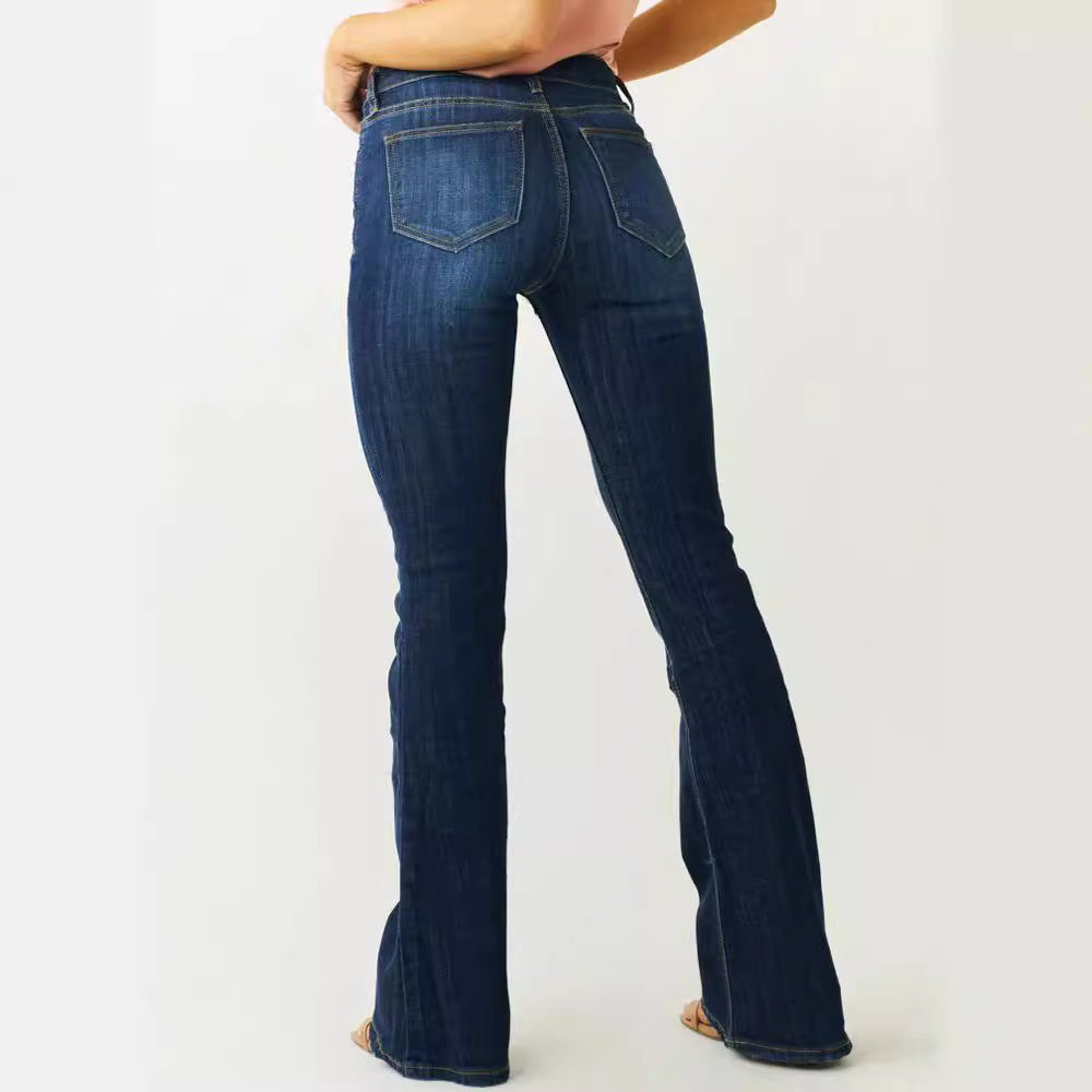 Ladies Mid Waist Slim-fit Stretch Flared Jeans