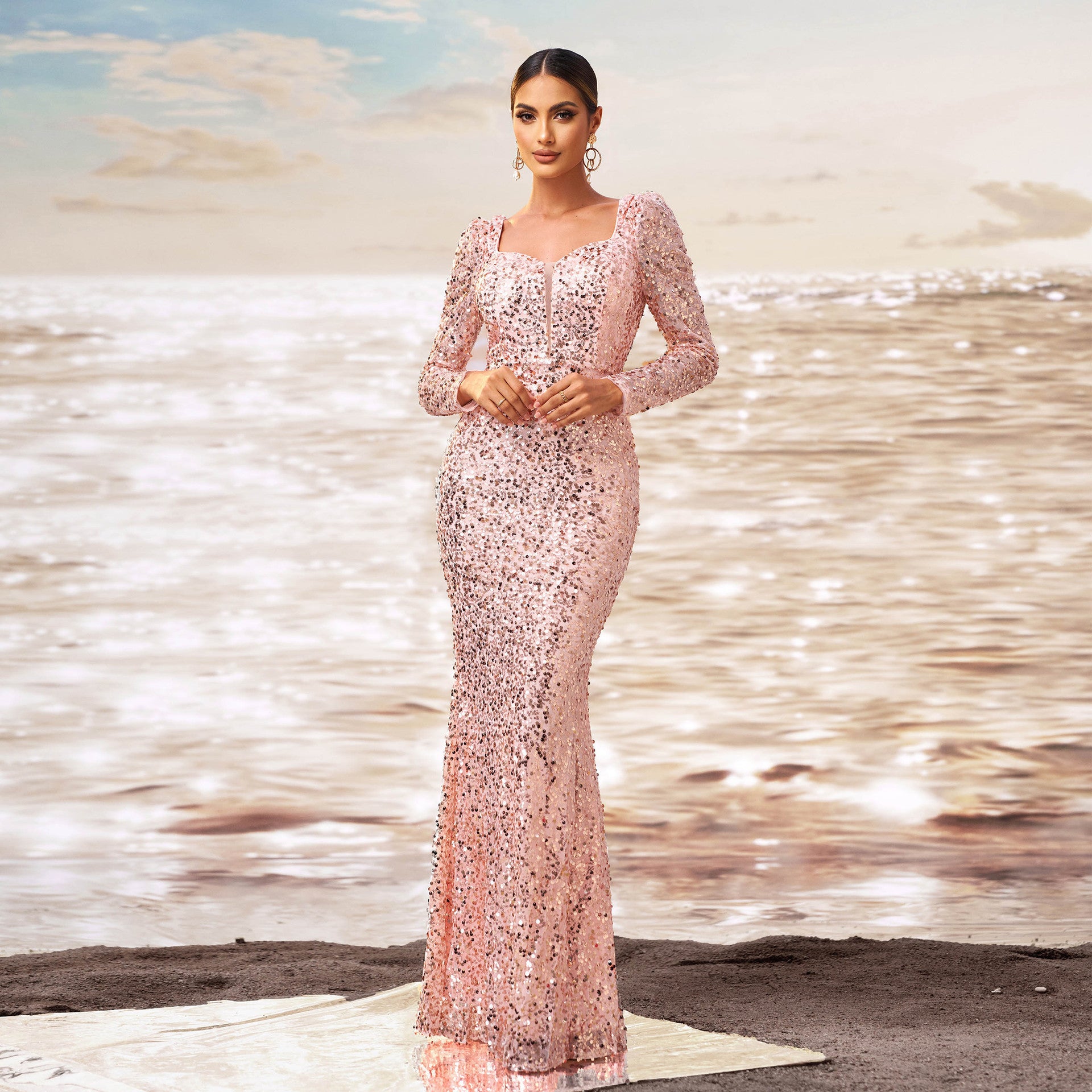 Sequined Sheath Fishtail Evening Dress