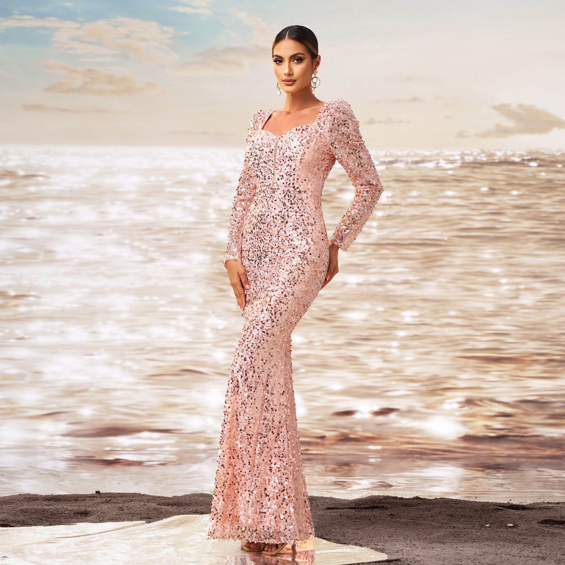 Sequined Sheath Fishtail Evening Dress