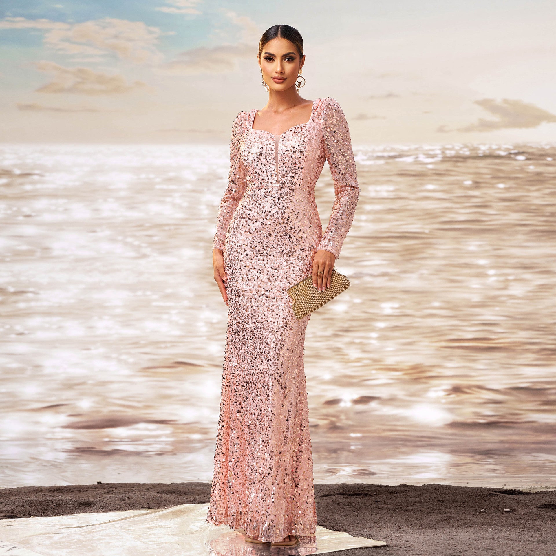 Sequined Sheath Fishtail Evening Dress