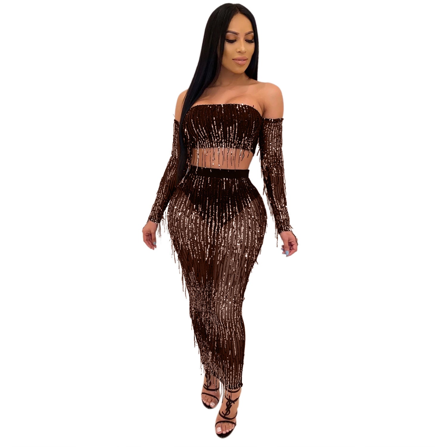 Mesh Sequins Tassel Two-piece Set